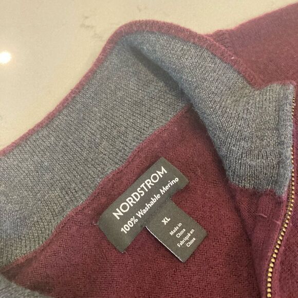Nordstrom‘s 100% Merino wool washable Oxblood gray collar half zip sweater XL - Picture 4 of 7